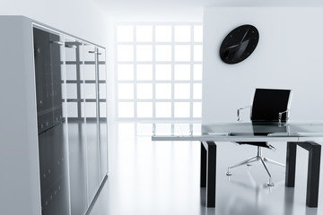 Light modern cubicle with a table and an armchair