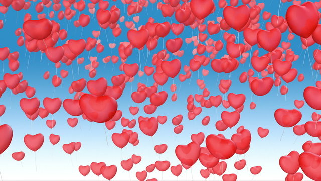red balloons in shape of heart fly away