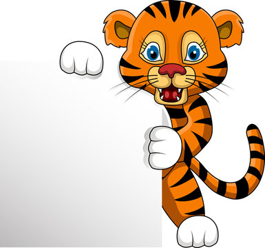 cute young tiger cartoon with blank sign