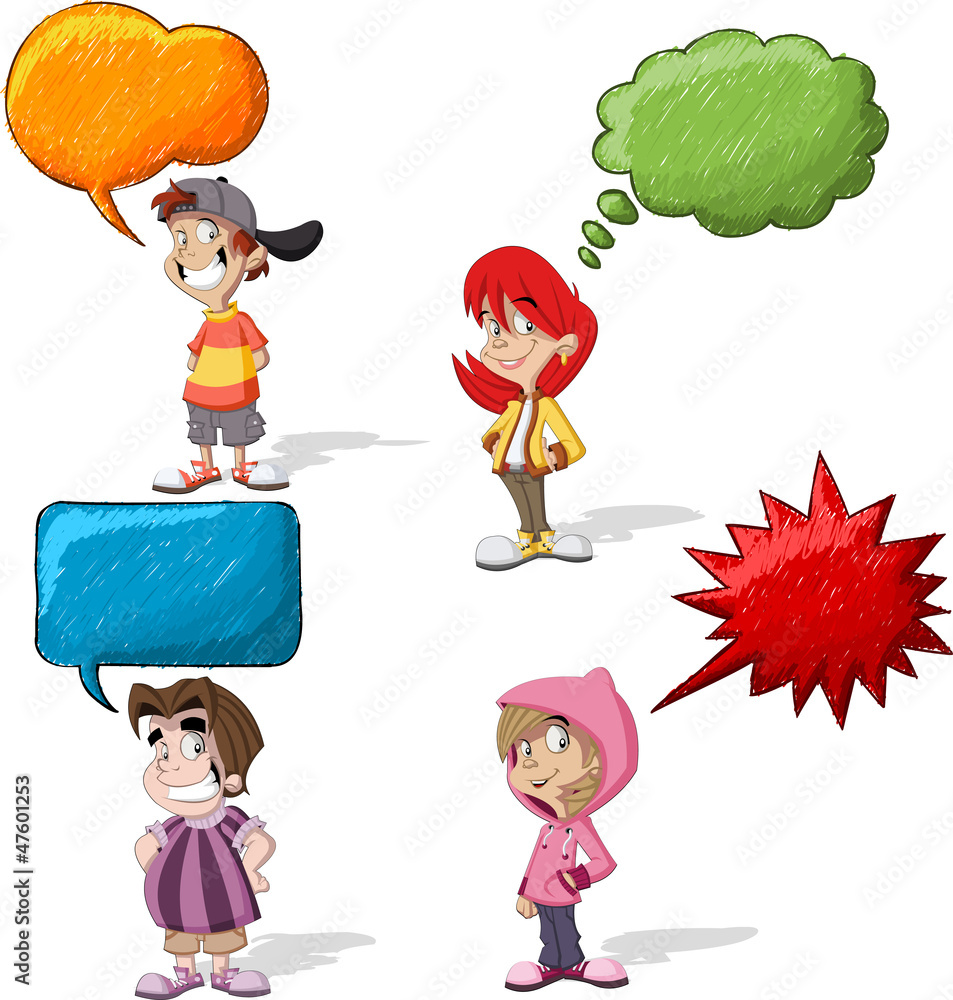 Wall mural Cartoon children talking with speech balloon