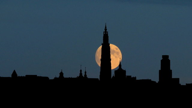Belgium Antwerpen cityscape moonrise