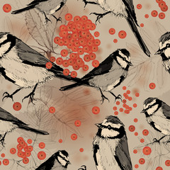 Titmouse in Rowan tree / Seamless background with birds