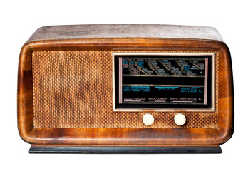 old wooden table radio isolated on white. obsolete past technology