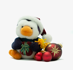 Penguin with santa hat,present and baubles