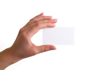 White card in woman hand - obrazy, fototapety, plakaty
