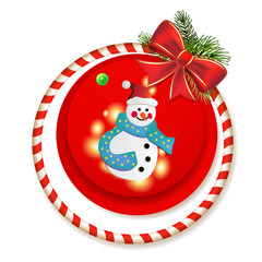 Christmas card with snowman, bow and pine tree