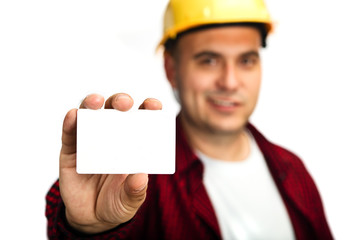 Construction worker with business card