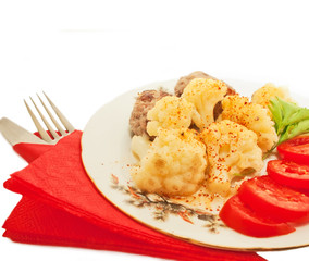 Fried meatballs with cauliflower and tomato on a nice plate