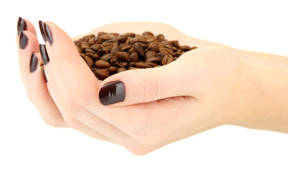 female hands with coffee beans, isolated on white