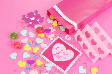 Beautiful composition of paper valentines and decorations