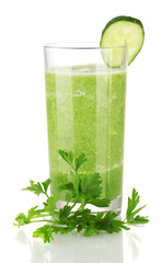 Green vegetable juice isolated on white