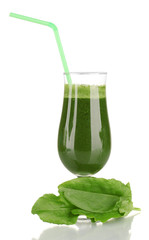 Green vegetable juice in coctail glass isolated on white