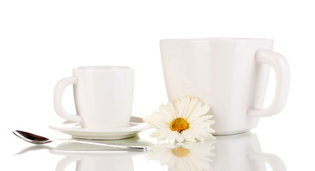 A cup of strong coffee and sweet cream isolated on white