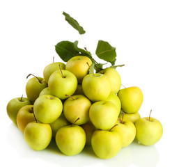 Naklejka na ściany i meble juicy apples with green leaves, isolated on white
