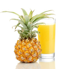Ripe pineapple and juice glass isolated on white