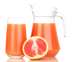 Full glass and jug of grapefruit juice and grapefruits isolated