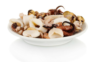 Seafood in bowl isolated on white