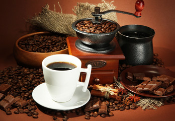 cup of coffee, grinder, turk and coffee beans - obrazy, fototapety, plakaty