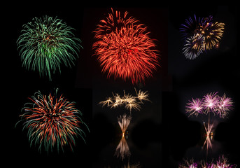 Beautiful colorful holiday fireworks on the black sky background