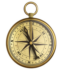 aged brass antique nautical pocket compass isolated on white