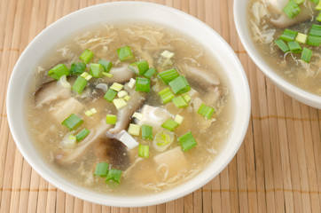 Chinese spicy soup with egg, shiitake mushrooms, tofu and green