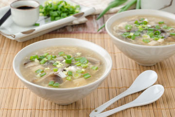 Chinese spicy soup with egg, shiitake mushrooms, tofu and green
