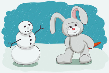 Snowman and bunny with carrots stolen