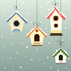 Abstract bird house set with winter background