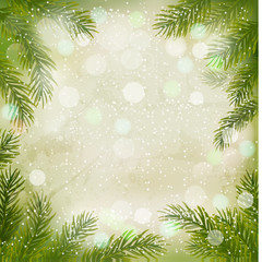 Fototapeta na wymiar Christmas retro background with christmas tree branches and snow