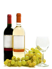 Fototapeta premium red and white wine with vine and wineglass