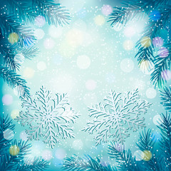 Fototapeta na wymiar Christmas niebieskie tło z oddziałów choinki i snowf