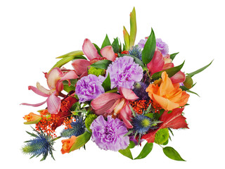 colorful floral bouquet of roses,cloves and orchids isolated on
