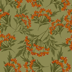 Seamless pattern with red berries and green leaves 