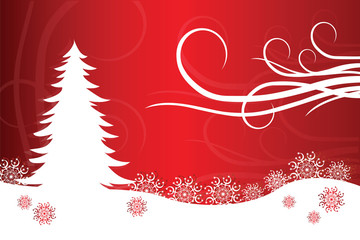 Happy red and white Christmas backgroud with tree and showflakes