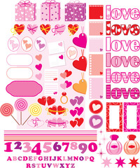 Scrapbook elements with love characters and hearts