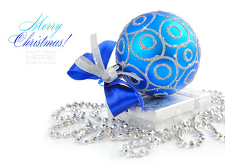 Christmas blue and silver decorations on white background