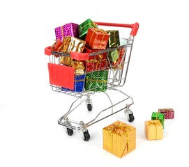 Shopping cart with Christmas gifts and presents