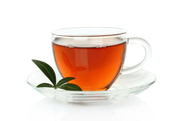 Cup of tea with green leaves on a white background.
