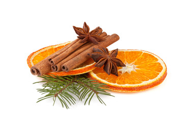 orange, cinnamon with fir branch isolated on white