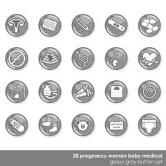 zestaw 20 szarych okrągłych ikon zdrowie ciąża kobieta dziecko - obrazy, fototapety, plakaty