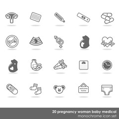 zestaw 20  ikon  zdrowie ciąża kobieta dziecko  monochrom - obrazy, fototapety, plakaty