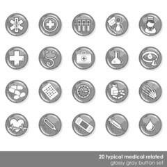 zestaw 20 szarych okrągłych ikon medycznych zdrowie badania - obrazy, fototapety, plakaty