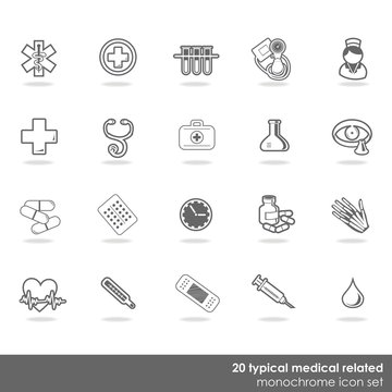 zestaw 20 medycznych ikon zdrowie badania monochrom