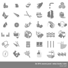 zestaw 36 ikon spa basen rekreacja pielęgnacja szary monochrom - obrazy, fototapety, plakaty