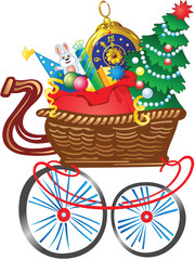 Cartoon shopping cart full of Christmas gifts