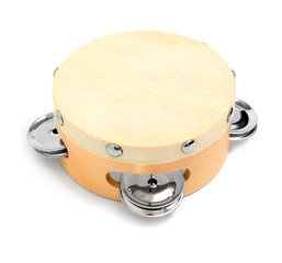 Wooden tambourine on a white background.