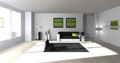 Wohnzimmer möbliert mit großem Fenster