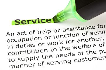 Dictionary definition of the word Service highlighted in green