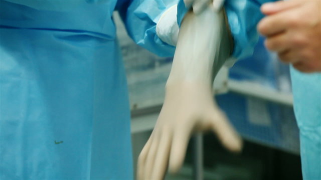 Doctor putting medical gloves.