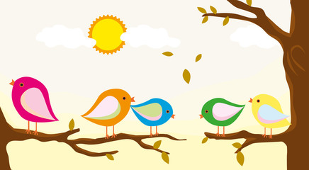 birds on blank tree with autumn day background